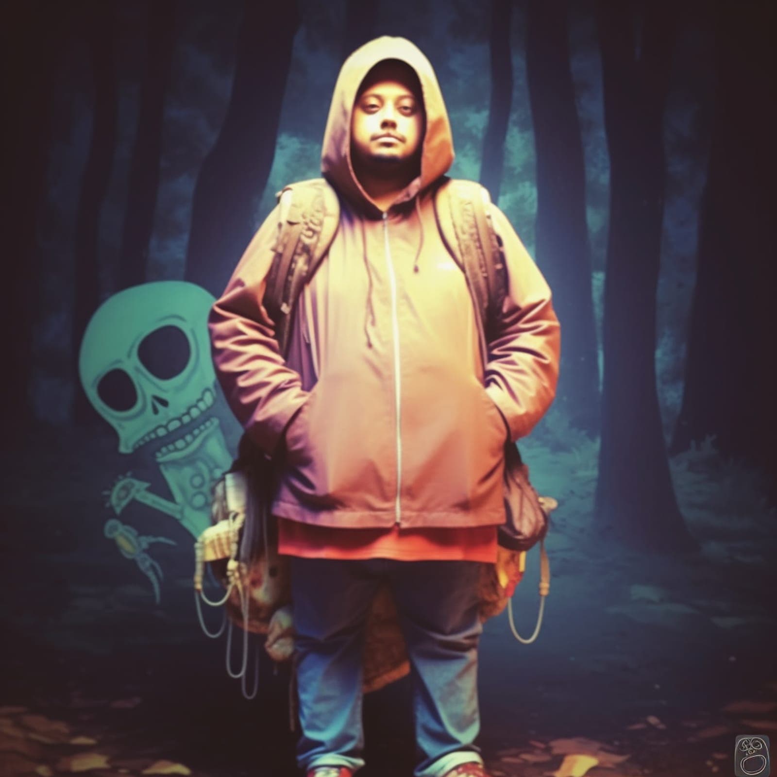 Artist portrait of Briz the Sage in a hooded jacket with a backpack, standing in a dark blue forest beside Baboo Baboo, a turquoise cartoon skeleton.