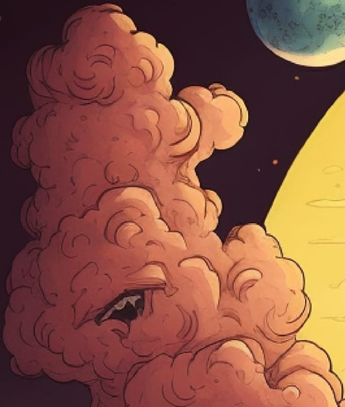 Detail from the What Up World cover: a pink cloud with a sly face.