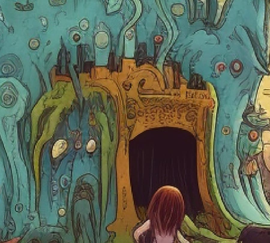 Detail from the What Up World cover: an ornate golden doorway set into a turquoise wall.