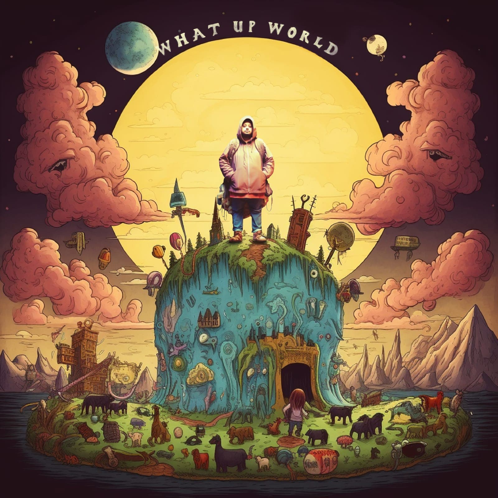 What Up World cover: a hooded figure stands on a turquoise mossy world beneath a huge golden moon and pink clouds with faces.